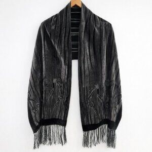 VTG 100% Silk Velvet Burnout Scarf Black Fringe Whimsigoth Evening Wrap 20 X 75